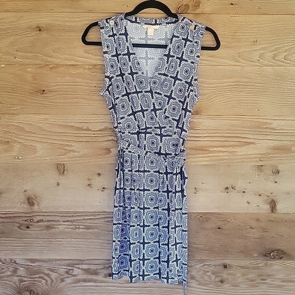 Banana Republic Navy Blue and White Printed Fauk Wrap Dress with Tie Size XS
